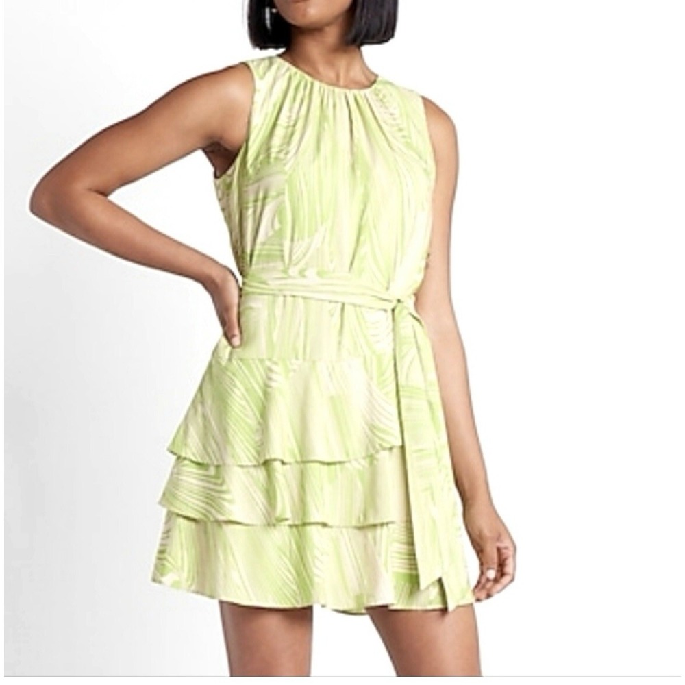 Express Tropical Print Sleeveless Tie Waist Tiered Ruffle Dress Lime Cream S: XS